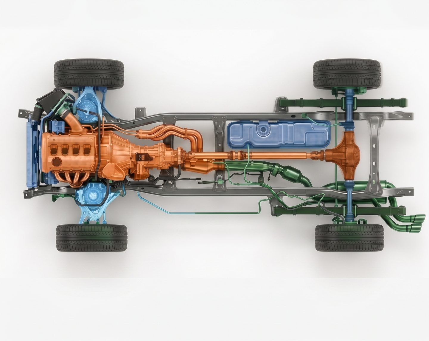 Top-down cutaway of a rear-wheel-drive drivetrain. The engine, transmission, driveshaft and rear differential are highlighted as the powertrain group. The cooling system, fuel tank and front suspension are highlighted separately, as are the exhaust, springs and brake lines.